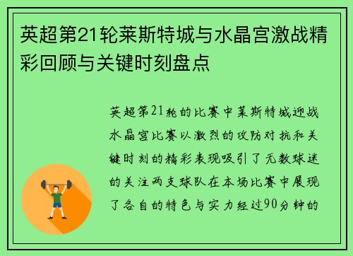 英超第21轮莱斯特城与水晶宫激战精彩回顾与关键时刻盘点