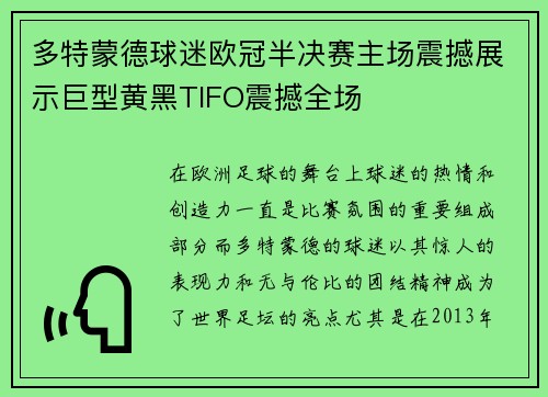 多特蒙德球迷欧冠半决赛主场震撼展示巨型黄黑TIFO震撼全场