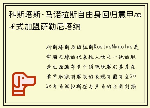 科斯塔斯·马诺拉斯自由身回归意甲正式加盟萨勒尼塔纳